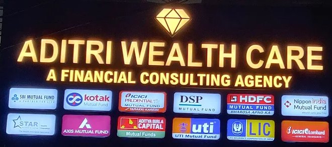 Aditri Wealth Care signboard showing SBI, HDFC, ICICI, Axis, Kotak Mutual Fund logos, Cuttack