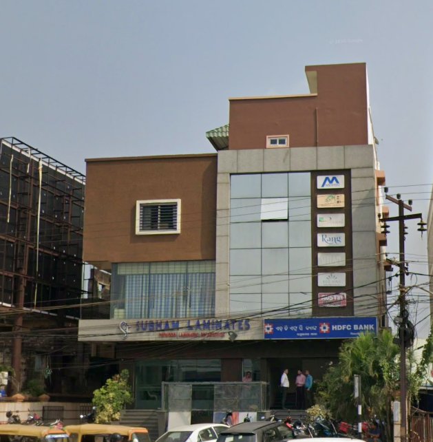 HDFC Bank Palasuni Rasulgarh branch building with Subham Laminates in Odia signage