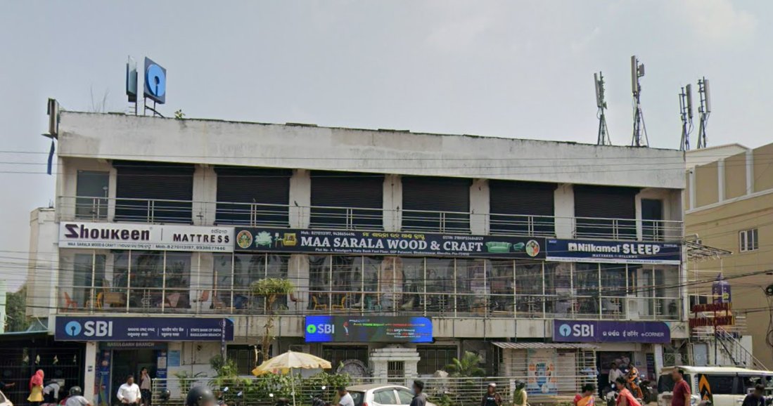 SBI Rasulgarh Branch building at Palasuni with SBI signboard and Maa Sarala Wood and Craft store
